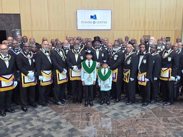 Members of the Grand Lodge assembled in full regalia at the Chase Center on the Riverfront