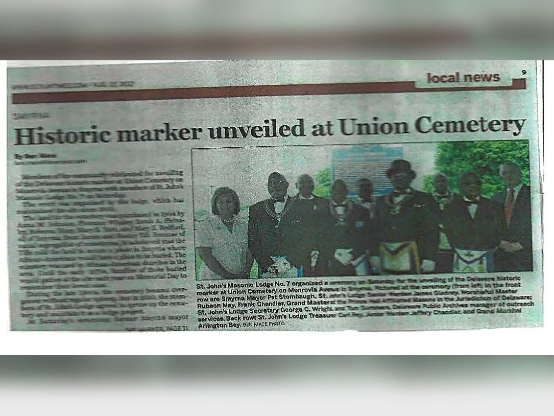 News clipping, Historic marker unveiled at Union Cemetery, organized by St. John’s Lodge No. 7